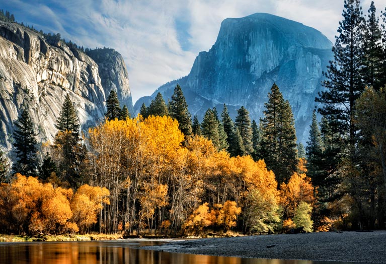 A view of Half Dome in fall at Yosemite National Park