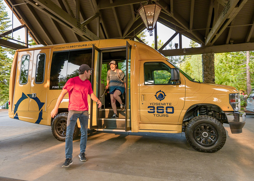 Excited Tenaya Lodge guests return from a Yosemite 360 Tour