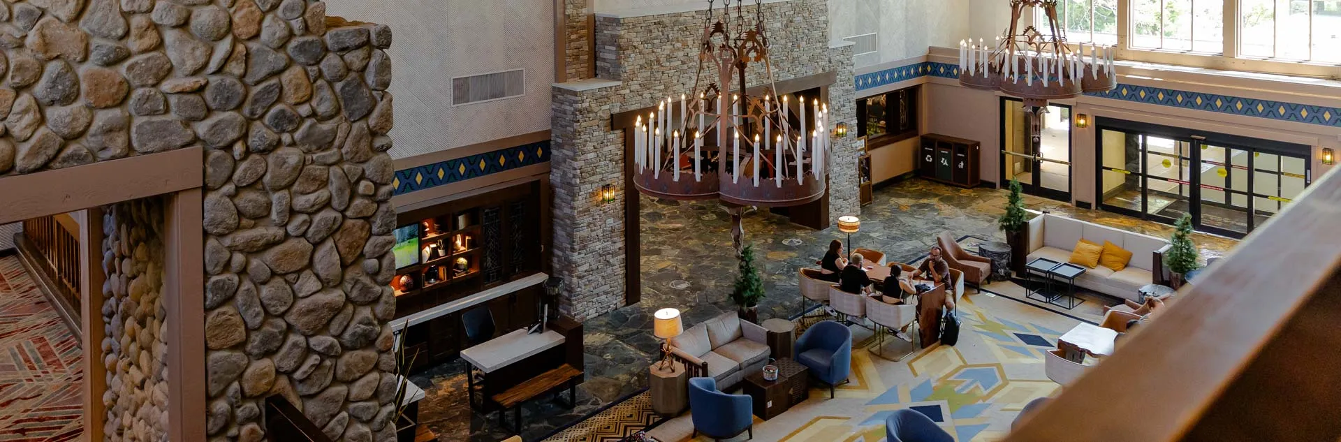 Looking down on Tenaya at Yosemite's lobby from the balcony