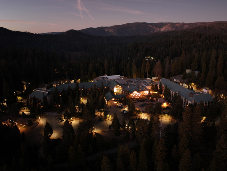 An aerial view of Tenaya Lodge at night
