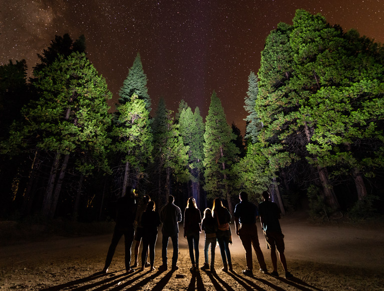 A group of guests at Tenaya at Yosemite on a guided flashlight hike