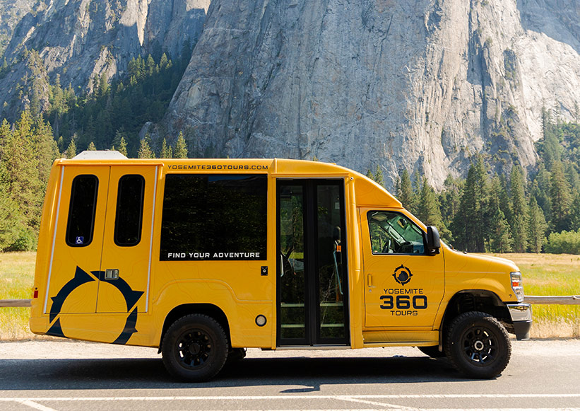 A Yosemite 360 Tours bus in Yosemite Valley