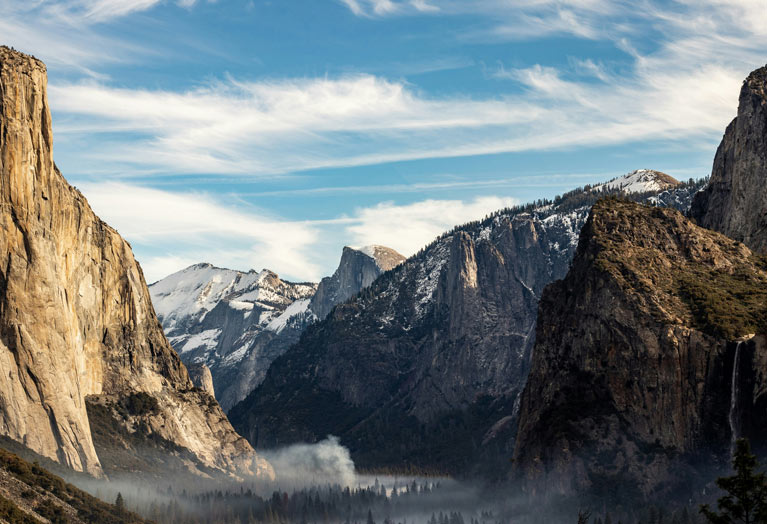 Yosemite's famous Tunnel View vista in winter