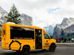 A Yosemite 360 Tours bus in Yosemite Valley