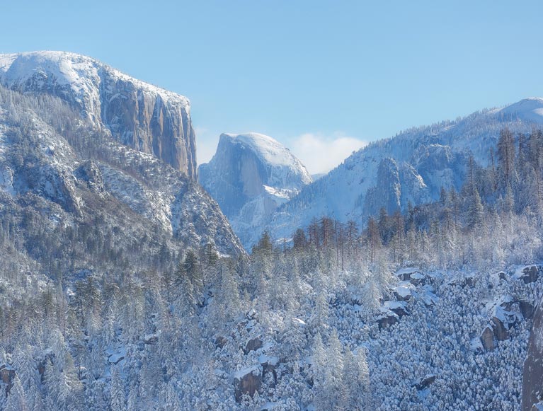 A snowy view of Yosemite Valley in winter