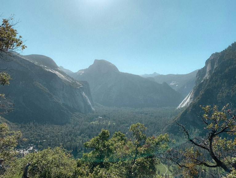 A hazy view of Half Dome in Yosemite Valley