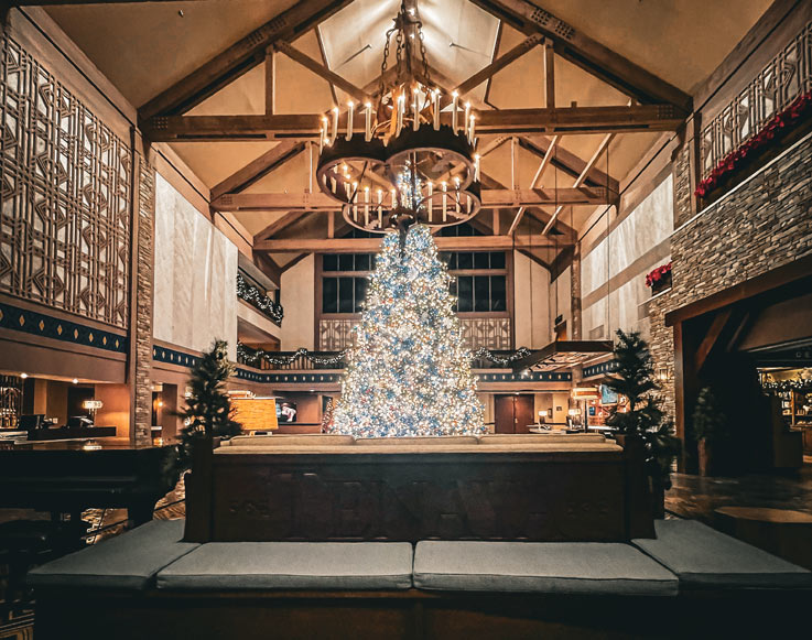 The lobby of Tenaya at Yosemite decorated for Christmas