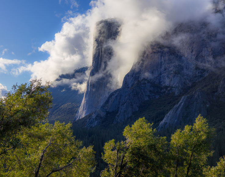 El Capitan obscured by clouds in Yosemite Valley