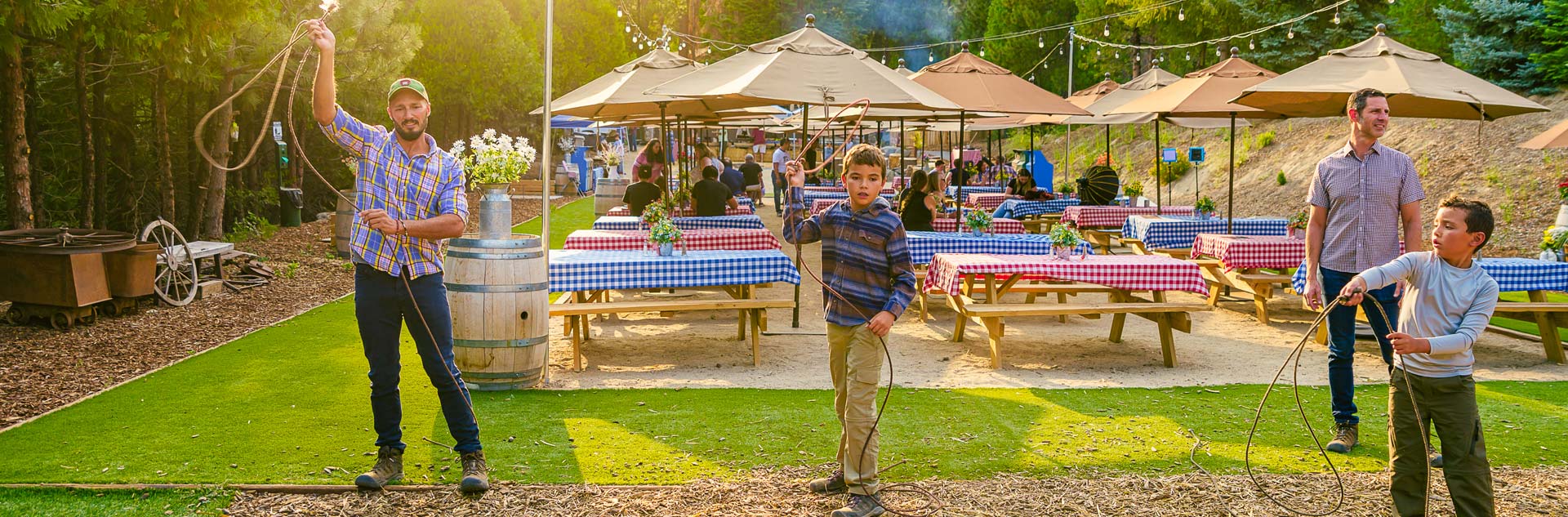 Tenaya at Yosemite guests practicing their roping skills at the Gold Rush BBQ