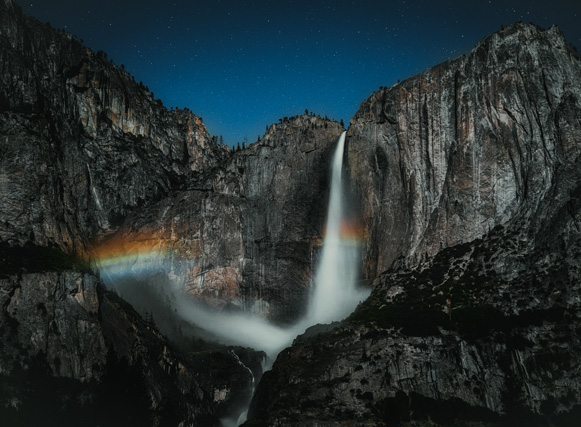 A Yosemite National Park waterfall at night